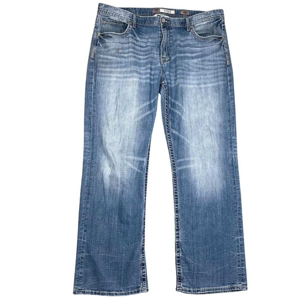 BKE Tyler Jeans Mens 40L x 32L Blue Whisker Fade‎ Bootleg Y2K Stretch Denim
